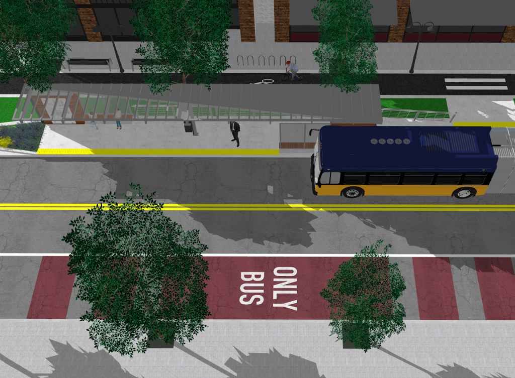 My proposed changes to 24th Ave E. This rendering features the street section between Lynn and McGraw Streets, near Cafe Lago and the Montlake Bike Shop. Proposed changes include a new BRT line; elegant bus stations; a protected, tree-lined bike lane; pedestrian-level lighting and new street furniture; and new bus-only lanes. (Rendering by Joe Mangan/Sketchup Software).