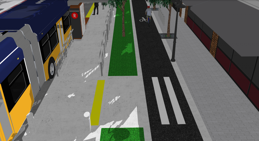 A closer look at the pedestrian, bike, and transit space that I envision on 24th Ave E. (Rendering courtesy of Joe Mangan/Sketchup Software).