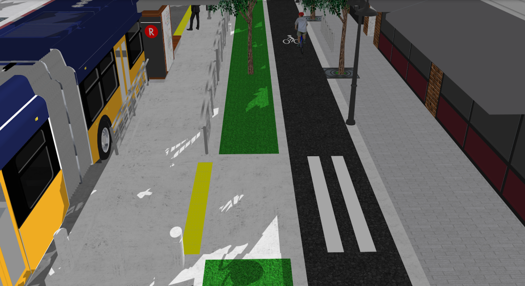 A closer look at the pedestrian, bike, and transit space that I envision on 24th Ave E. (Rendering courtesy of Joe Mangan/Sketchup Software).