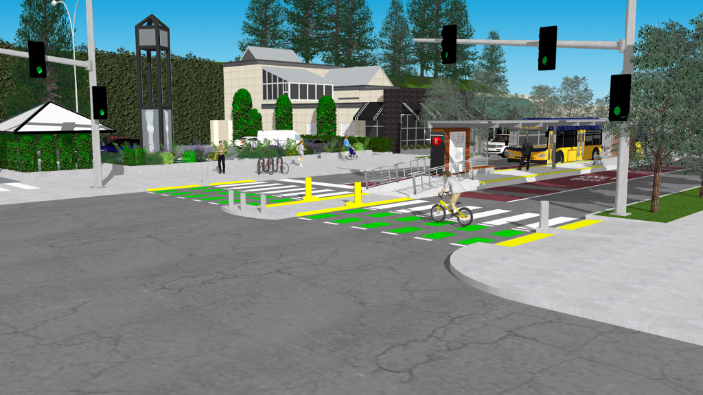 My proposed Bus Rapid Transit (BRT) line at a station at the intersection of Princeton Avenue and Sand Point Way. New bike crossings could be installed here to connect cyclists on the Burke0Gilman trail to area businesses and new bike infrastructure on Sand Point Way. (Rendering by Joe Mangan/SketchUp Software).