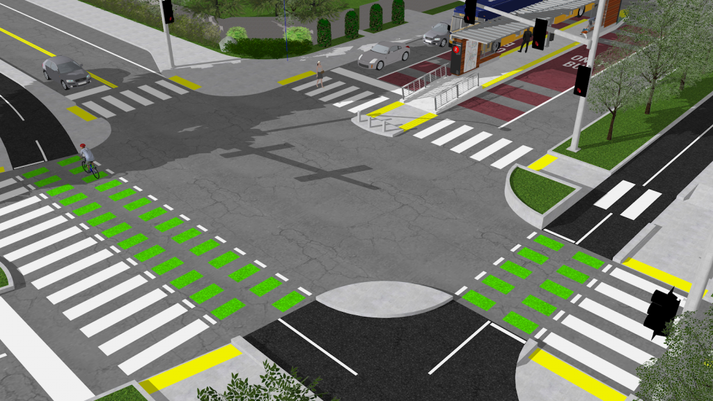 BRT station at the intersection of 65th with Sand Point Way. Existing bike lanes connecting to the Burke-Gilman on 65th could provide an easy connection to the new bus system. (Rendering by Joe Mangan/SketchUp Software).