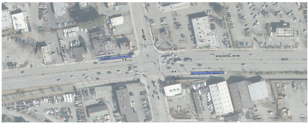 Station locations in Kenmore on SR-522 at 68th Ave NE. Stations are noted in blue. (Sound Transit)