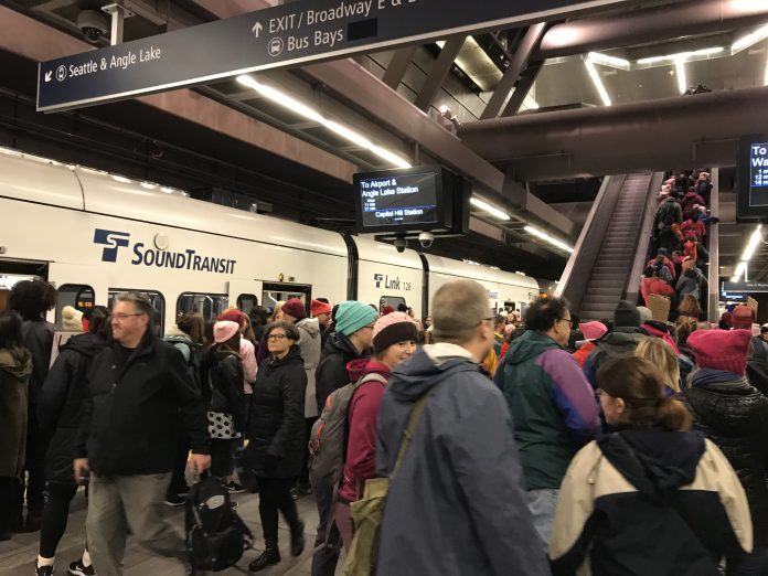 A very busy Capitol Hill Station with arrived trains.