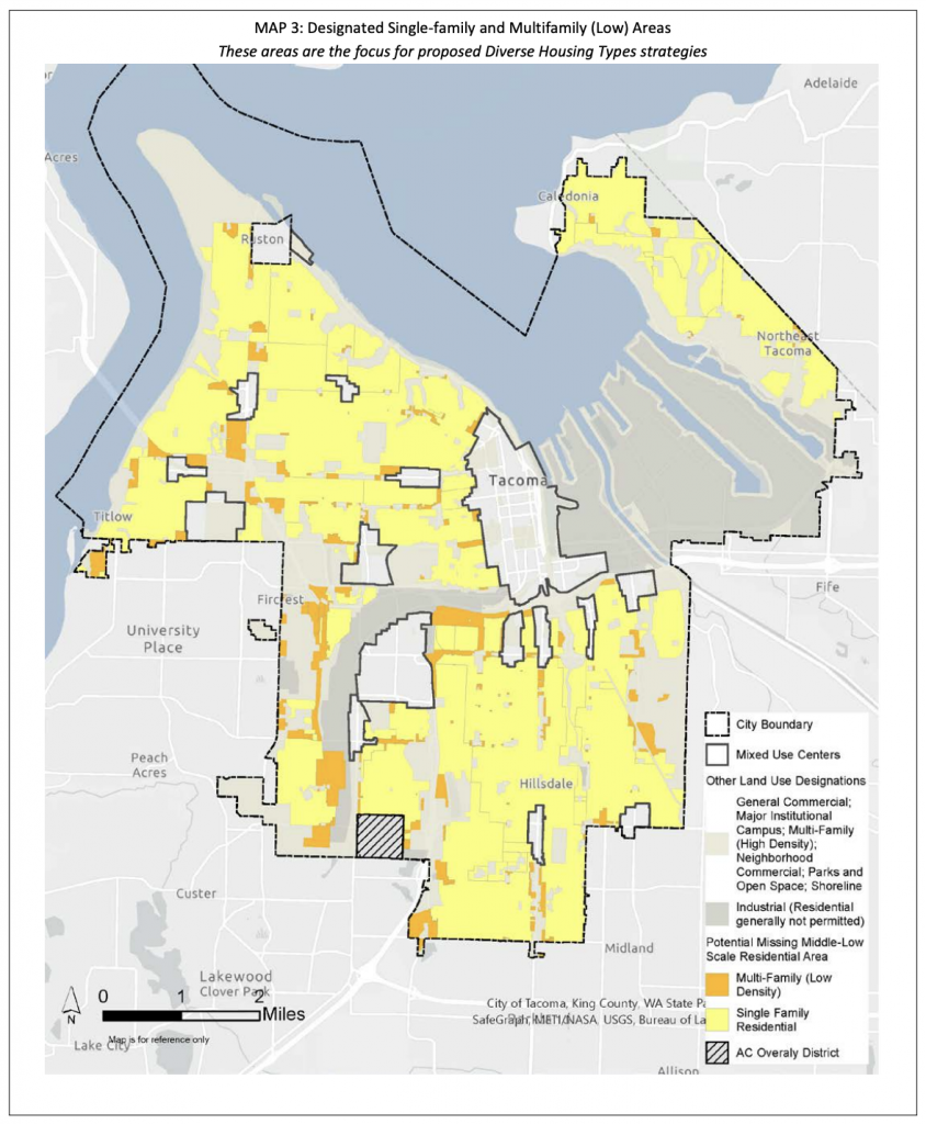 The areas highlighted in yellow and orange are slated for changes under the Home In Tacoma project. (City of Tacoma)
