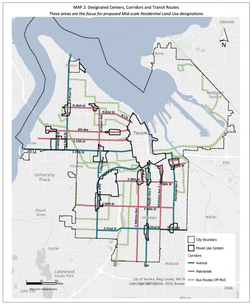 The highlighted streets and bus lines are the areas where Mid Scale Residential is targeted. (City of Tacoma)
