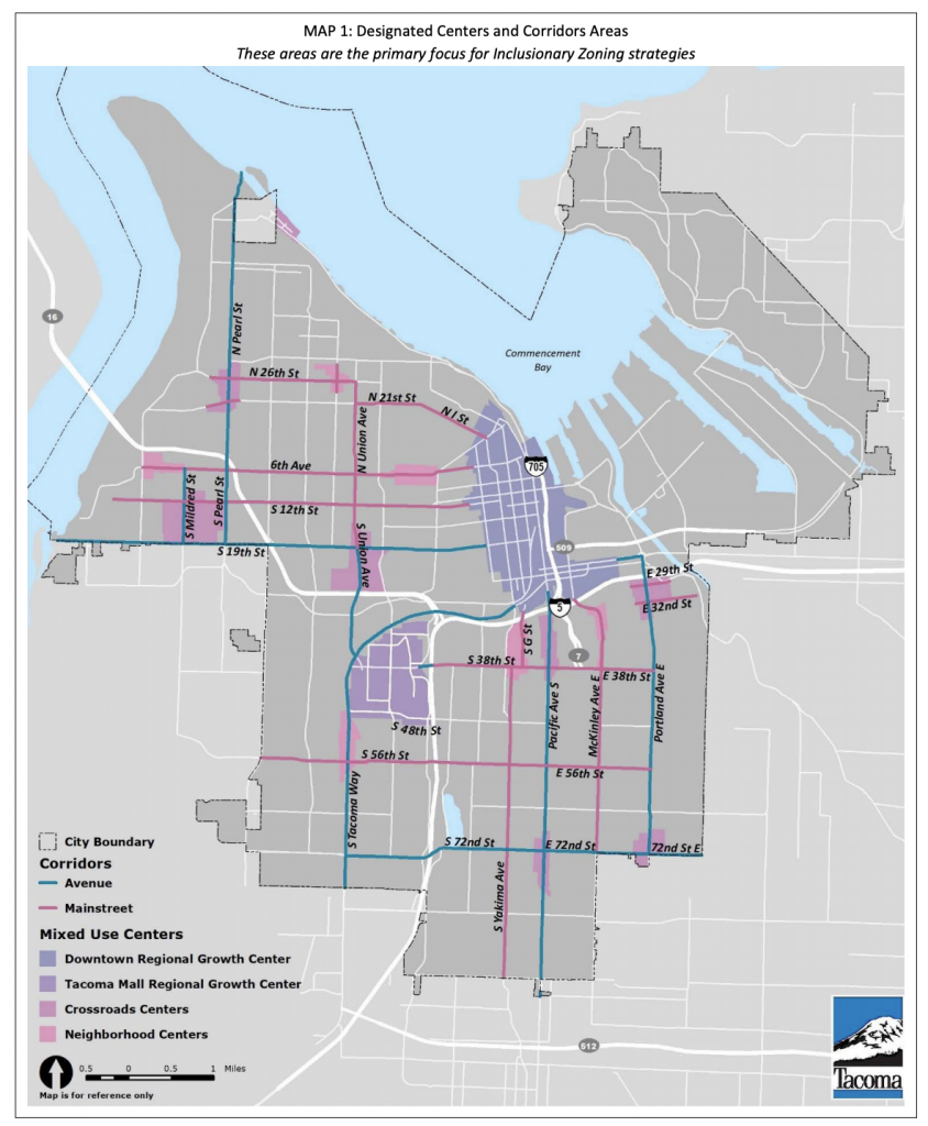 The highlighted streets and areas are where inclusionary zoning is targeted. (City of Tacoma)