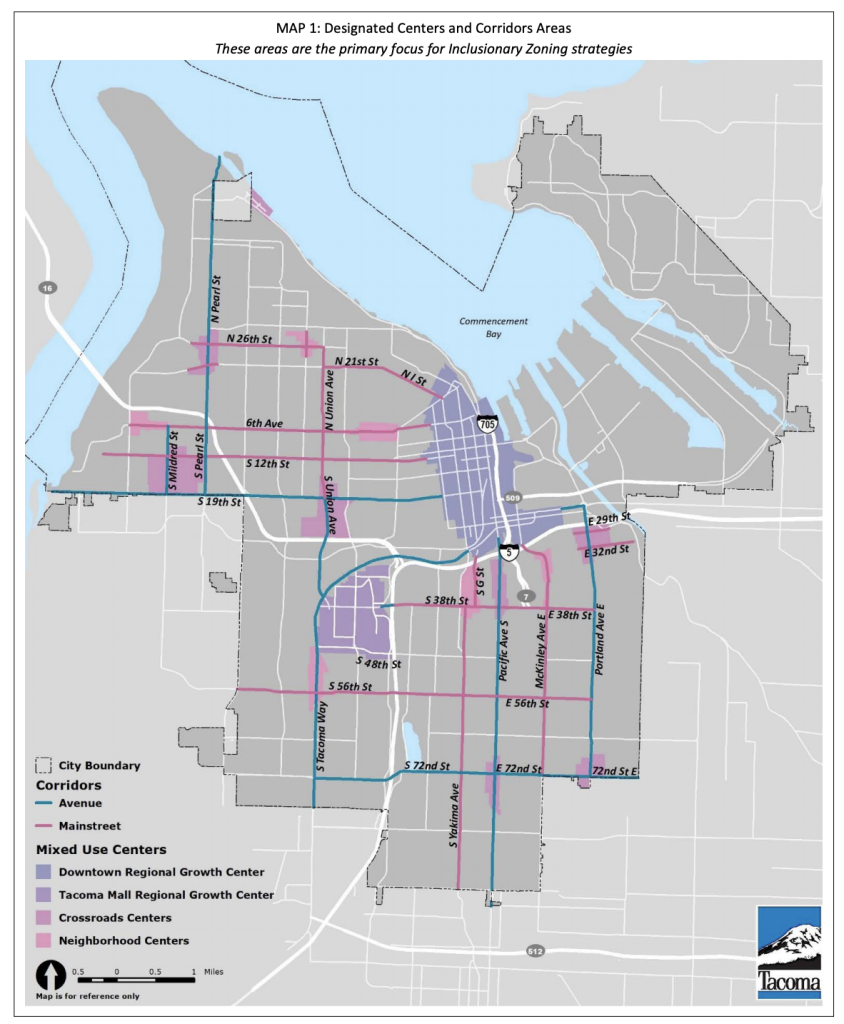 The highlighted streets and areas are where inclusionary zoning is targeted. (City of Tacoma)