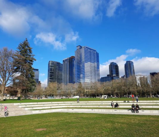 2023 General Election Endorsements Parkgoes sit on the ampitheater at Bellevue's Downtown park with skyscrapers in the background.