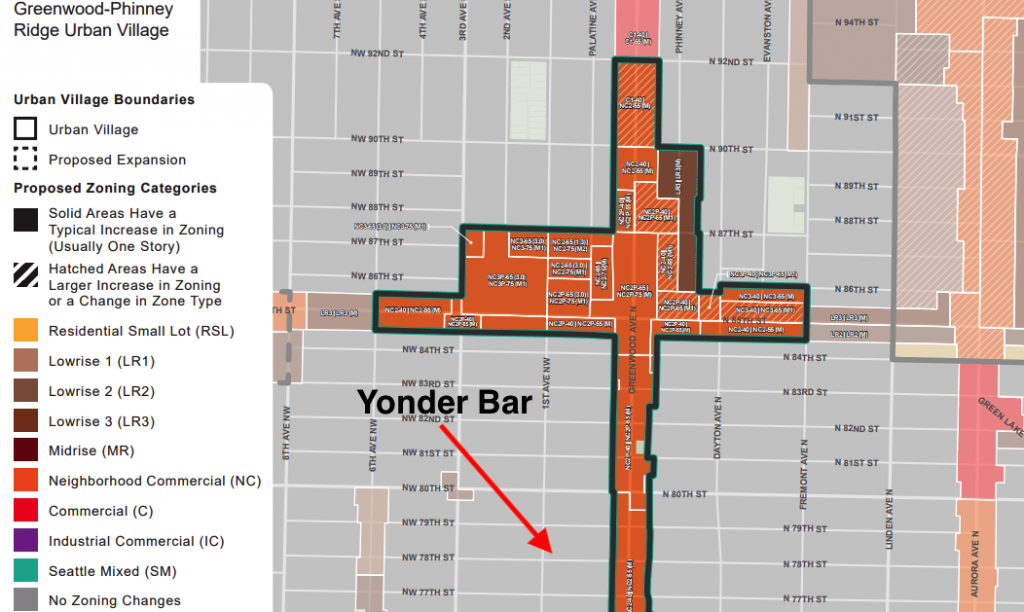 Yonder Bar's location at 7800 1st Avenue NW highlighted on the ridiculous zoning map of Greenwood. (Office of Planning and Community Development).