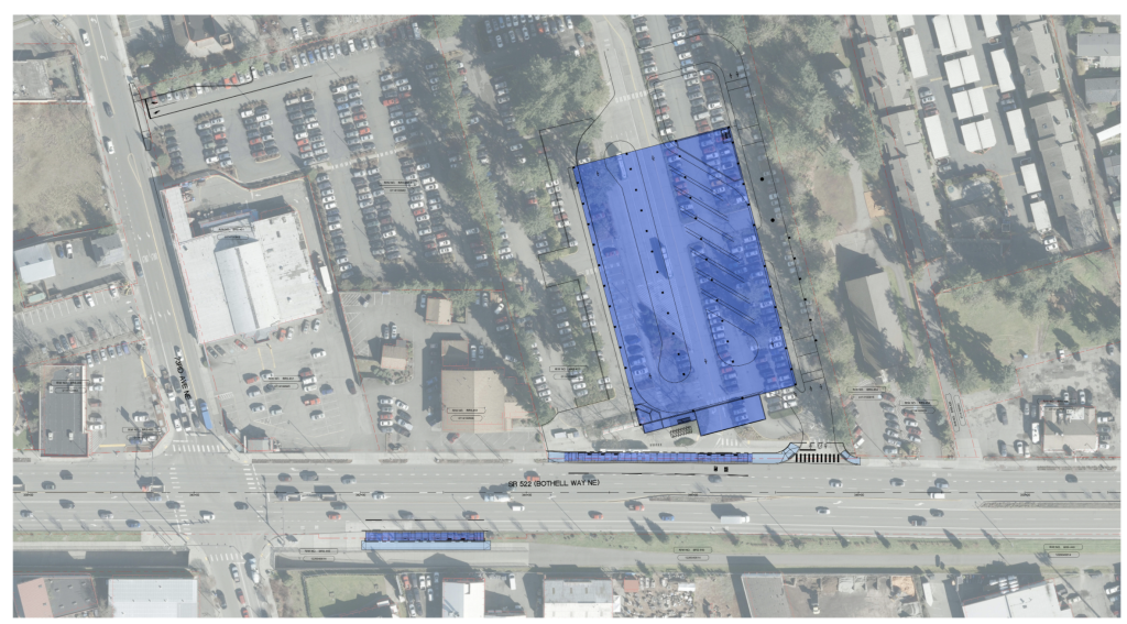 Station locations in Kenmore on SR-522 near the park-and-ride. Stations are noted in blue as well as a planned parking garage. (Sound Transit)