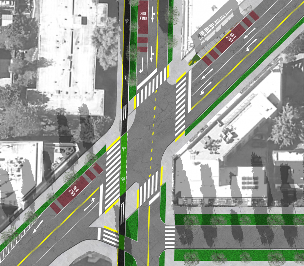 Intersection of 23rd Ave E with E Madison Street, featuring the future Madison BRT road channelization and my proposed changes to 23rd Ave E, namely a bike lane and a bus queue jump lane. (Rendering by Joe Mangan/Sketchup Software).