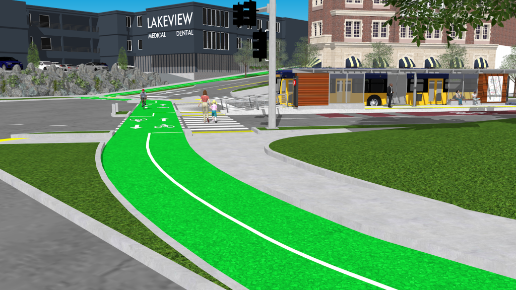My proposed bike network improvements alongside a proposed BRT station at the intersection of Mary Gates Way, Union Bay Place, Northeast 45th Street, and 35th Ave NE. (Rendering by Joe Mangan/SketchUp Software).