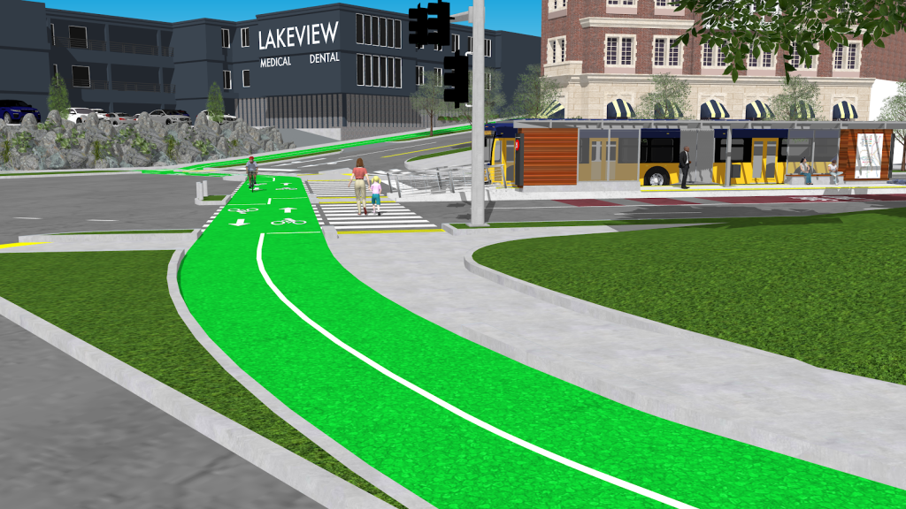 My proposed bike network improvements alongside a proposed BRT station at the intersection of Mary Gates Way, Union Bay Place, Northeast 45th Street, and 35th Ave NE. (Rendering by Joe Mangan/SketchUp Software).