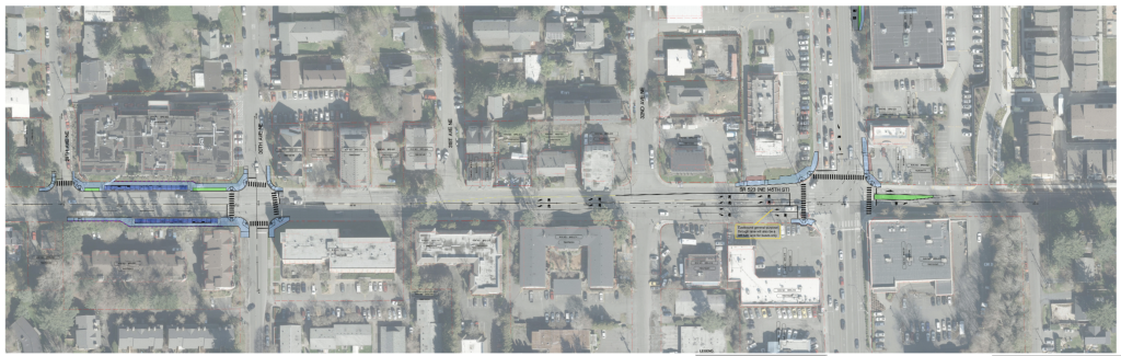 Station locations in Seattle and Shoreline on NE 145th St at and near SR-522. Stations and sidewalk improvements are noted in blue. (Sound Transit)