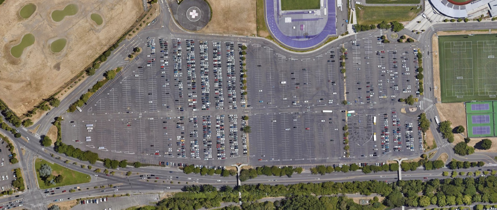 This parking lot could be repurposed to build thousands of units of new housing alongside business use, pedestrian space, community gardens, and new parks.