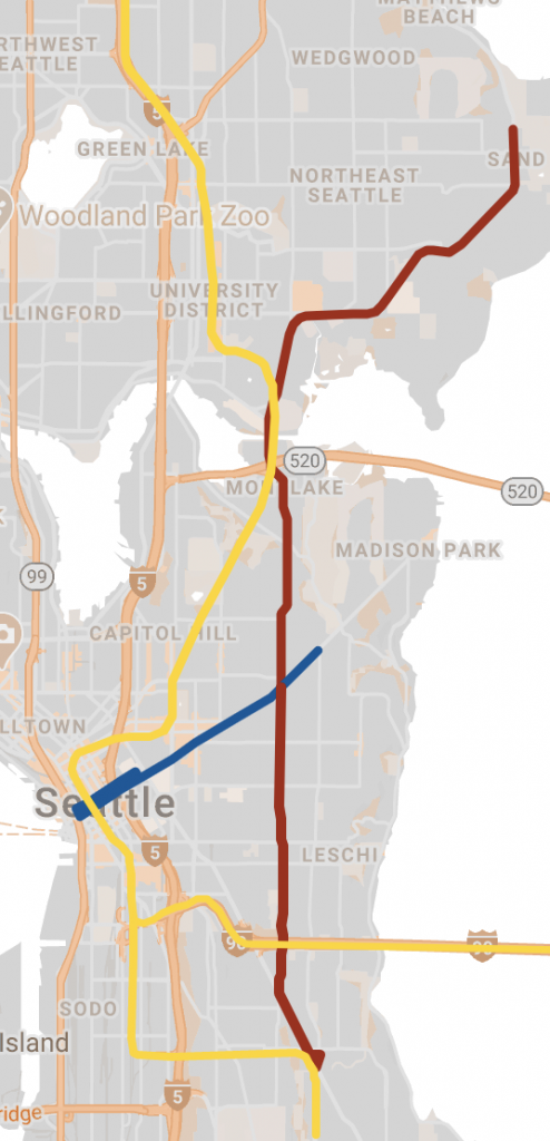 Map of my proposed route. The blue line represents the existing plan for Madison Street BRT, the yellow represents existing and future light rail, and the red represents the new line I propose. My line would replace Route 48 while providing big speed and reliability boosts through the Route’s long-time chokepoints -- Montlake in particular.