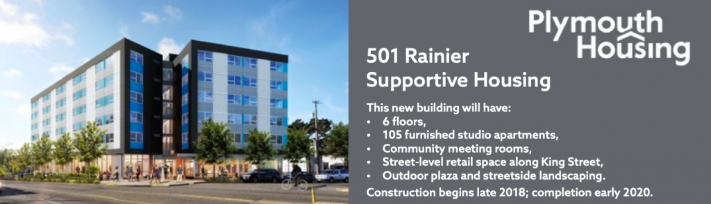 A rendering shows the six story supportive housing building Plymouth Housing is developing at 501 Rainier.