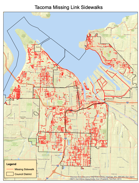 A map of missing sidewalks in Tacoma shows widespread gaps. (Credit: City of Tacoma)