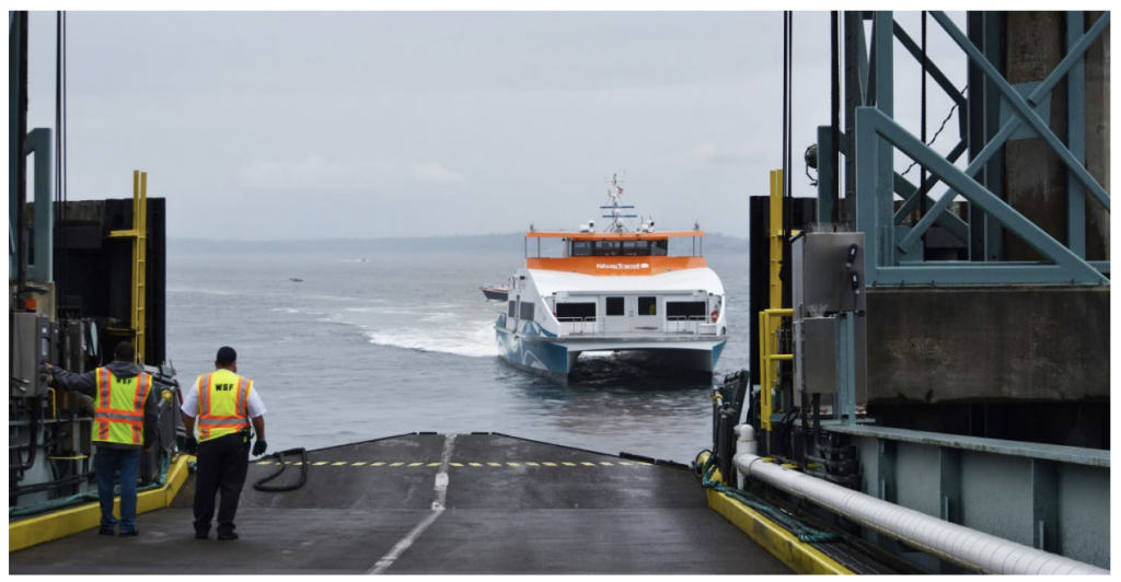 A Kitsap Transit fast ferry approaching a dock. (Kitsap Transit)
