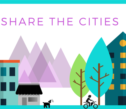 Testimonial from Share The Cities Housing, mountains, trees, a person biking, and a dog are in the Share The Cities logo.