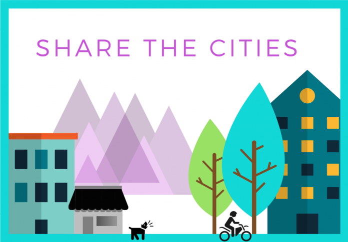 Housing, mountains, trees, a person biking, and a dog are in the Share The Cities logo.