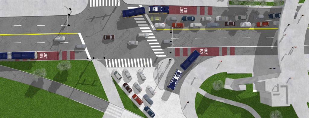 My rendering of the intersection of Montlake Boulevard and Northeast Pacific Place. The bus queue jump lane on the Southeast side of the intersection, and the bus-only lane on the Southwest side of the intersection (bottom right of this rendering) have already been built. I propose a new bus-only lane on the Northwest side of the intersection. (Rendering courtesy of Joe Mangan/Sketchup Software).