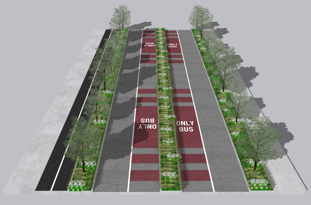 My proposed street section for much of Sand Point Way. (Rendering by Joe Mangan/SketchUp Software).