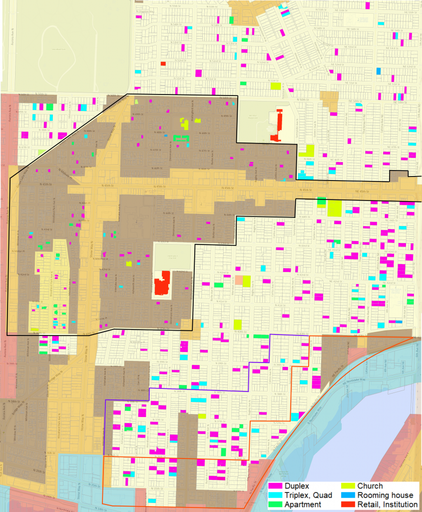 An inventory of every non-conforming multifamily building in Wallingford built before the 2019 Mandatory Housing Affordability rezones in a single-family zone. There are about 350 non-conforming buildings in current single-family or Residential Small Lot zones. There are 69 buildings within the Urban Village on parcels now zoned Lowrise 1 or higher. Map by the author. Click image for a larger version.