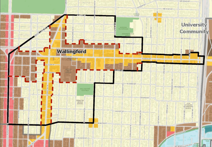 Zoning map of Wallingford showing thin cross of multifamily zones along Stone Way and 45th Streets, surrounded by beige single family. A polygon in black outlines the Urban Village.