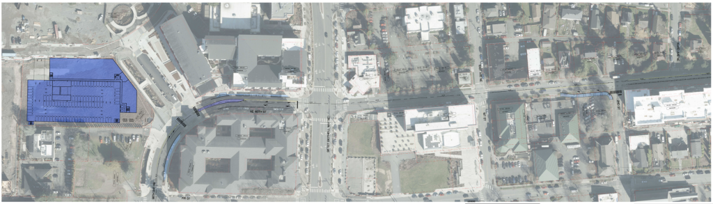 Station locations in Bothell on NE 185th St near Pop Keeney Park. Stations are noted in blue as well as a planned parking garage. (Sound Transit)