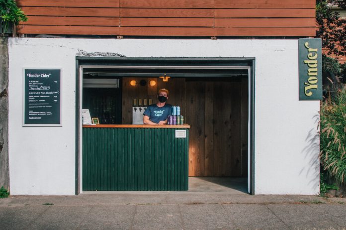 Yonder Cider's street-side garage bar in Greenwood. (Yonder Cider)