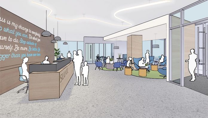 A rendering of the reception area of the community center.