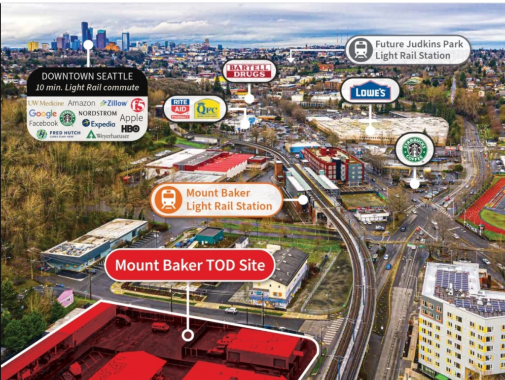 A map showing the potential location of a Mount Baker transit oriented development site where the Lowes superstore and Pepsi facility currently exist. 