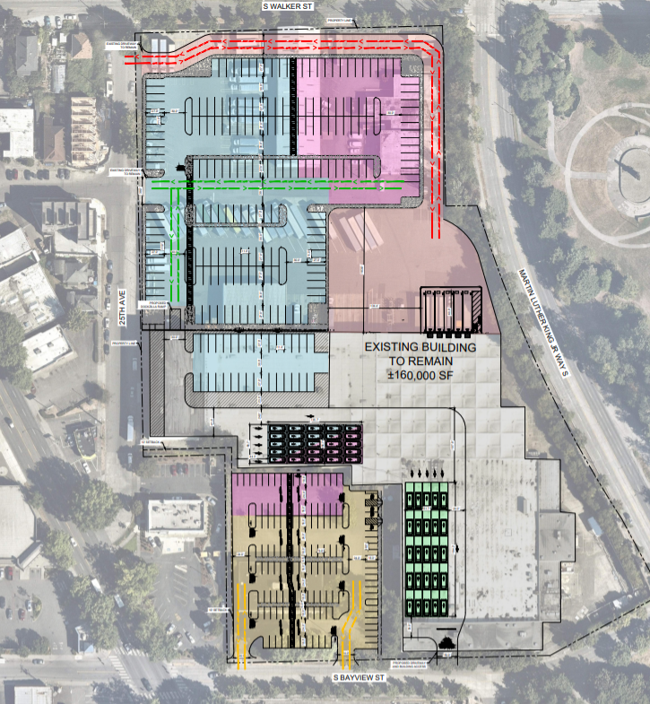 A diagram shows the Pepsi site would see additional surface parking, but the existing structure would remain. The north parking would have ingress and egress on 25th Ave and the south parking lot on S Bayview St. (Credit: Kimley Horn)