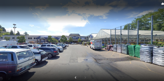 Lowe's superstore and garden center viewed from the parking lot.