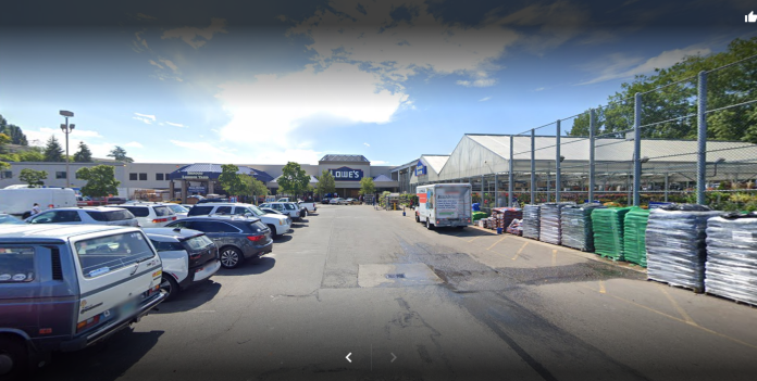 Lowe's superstore and garden center viewed from the parking lot.