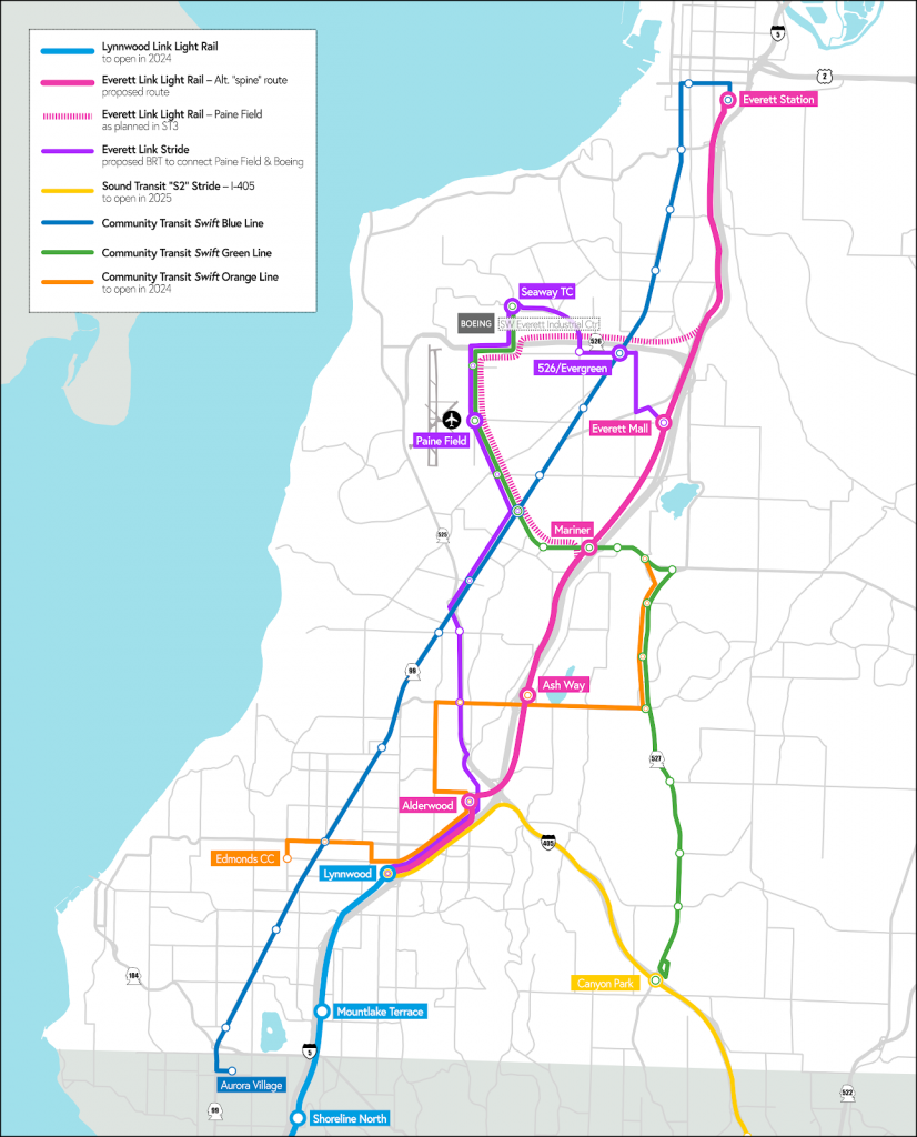 And alternate Everett Link runs along I-5 from Mariner Station to Downtown Everett with a stop at Everett Mall. A straighter shorter alignment that the Paine Field dogleg in Sound Transit's plan.