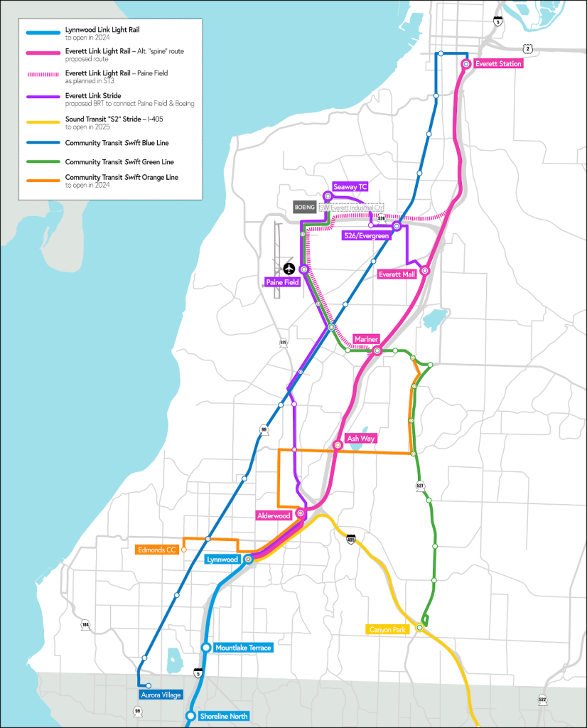 And alternate Everett Link runs along I-5 from Mariner Station to Downtown Everett with a stop at Everett Mall. A straighter shorter alignment that the Paine Field dogleg in Sound Transit's plan.