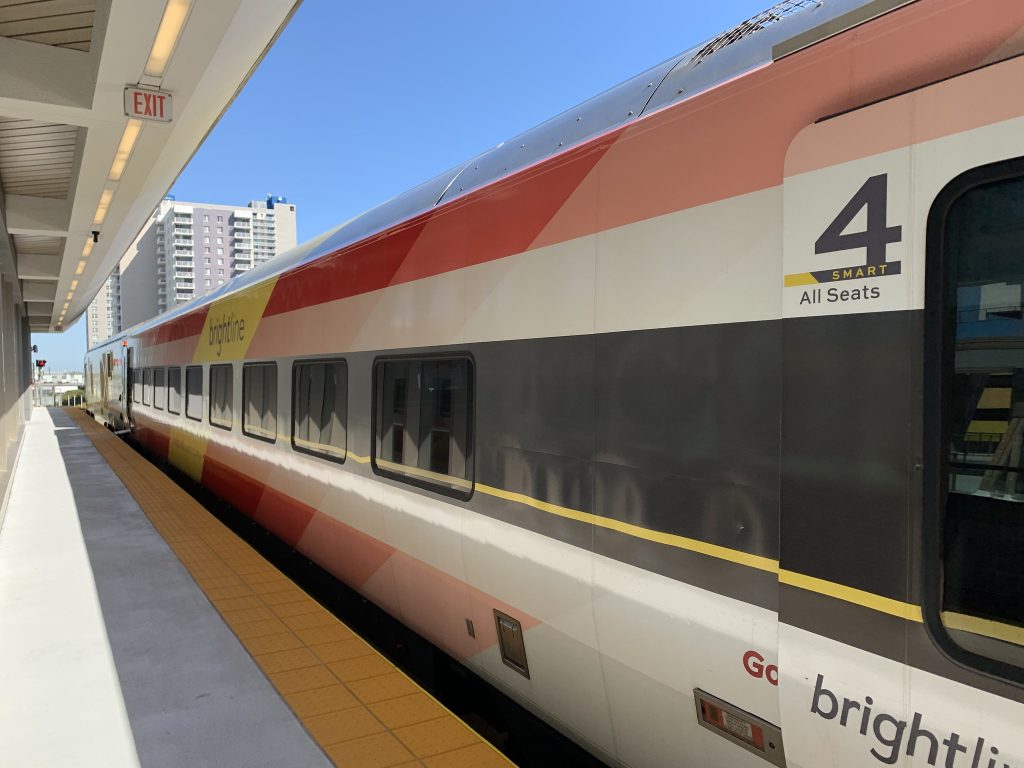 A Brightline rail car from the Siemens Venture series. (Phillip Pessar from Flickr)