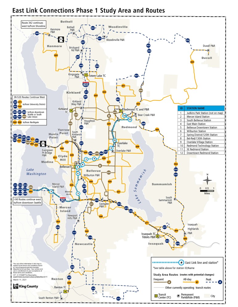 Routes on the Eastside that part of the bus restructure study area. (King County)