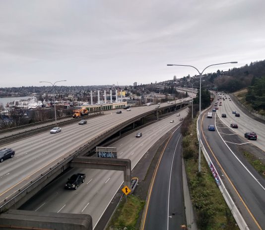Five Ways Senator Hobbs’ Transportation Package Is Truly Backward I-5 express lanes and general purposes lane stacked between Capitol Hill and Lake Union.