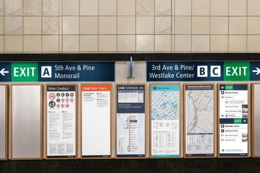 Wall signs that Sound Transit plans to use at stations. Note the change to letters for exits. (Sound Transit)
