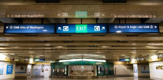 Mockup of what new overhead wayfinding signs will look like at Westlake Station. (Sound Transit)
