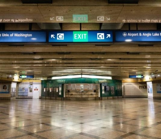 Sound Transit Updates Station Wayfinding and Seattle Implements New Street Wayfinding Mockup of what new overhead wayfinding signs will look like at Westlake Station. (Sound Transit)