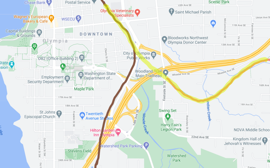 Possible Downtown Olympia alignment highlighted in yellow. Genesee and Wyoming Line shown in brown and Woodland Trail in pink.