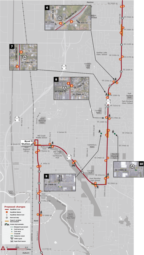 Map of corridor improvements and stop changes. (King County)