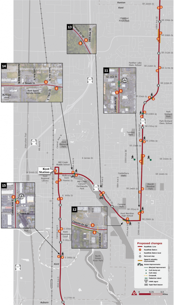 Map of corridor improvements and stop changes. (King County)
