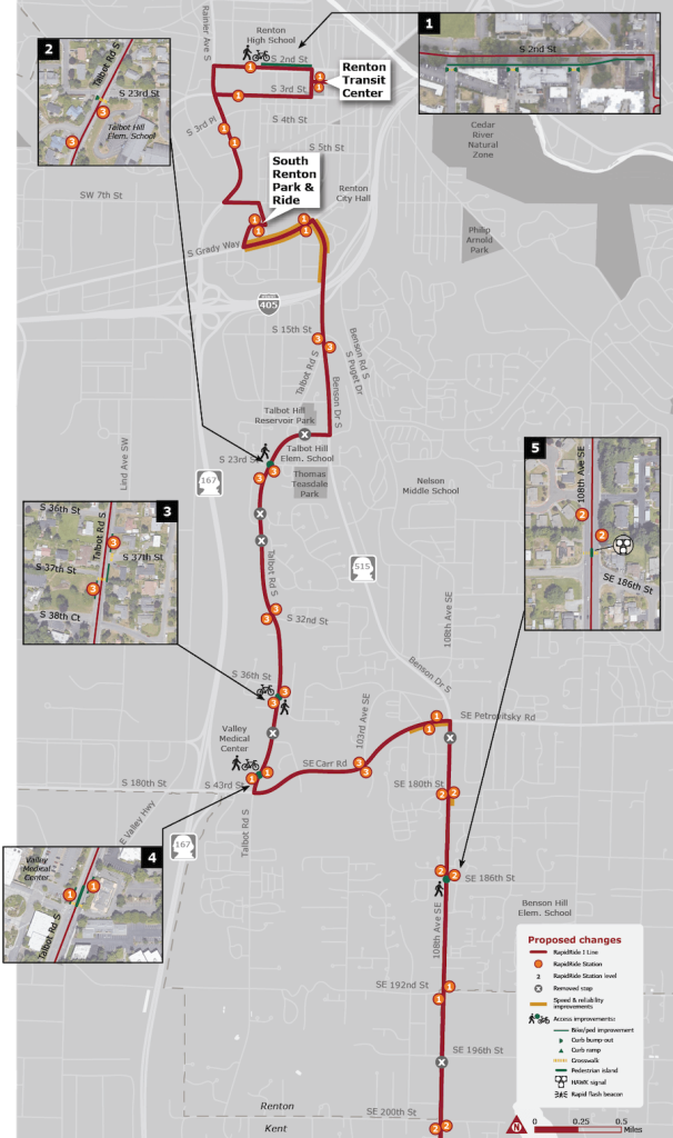 Map of corridor improvements and stop changes. (King County)