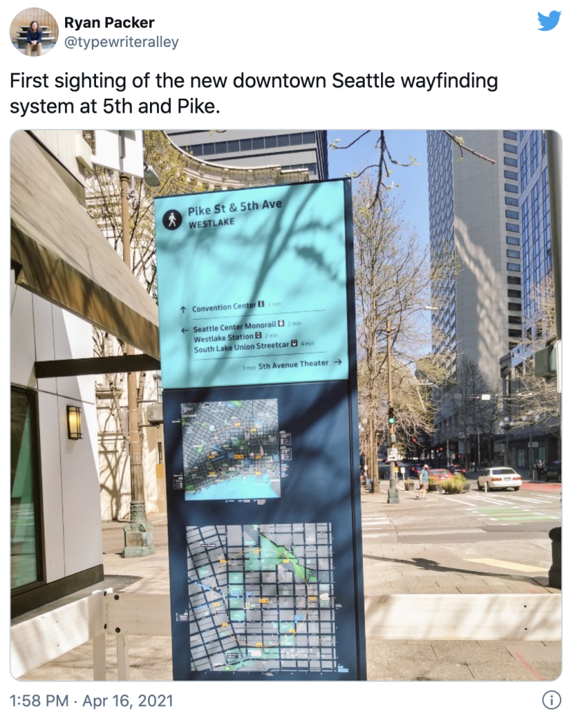 Ryan Packer's tweet about new wayfinding in Downtown Seattle. 