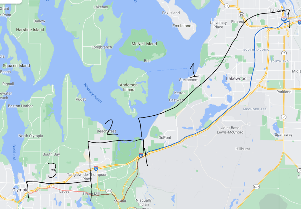 Potential rail alignment to Downtown Olympia. 1) Sound Transit right-of-way, 2) BNSF mainline and St. Clair Division, and 3) Woodland Trail.